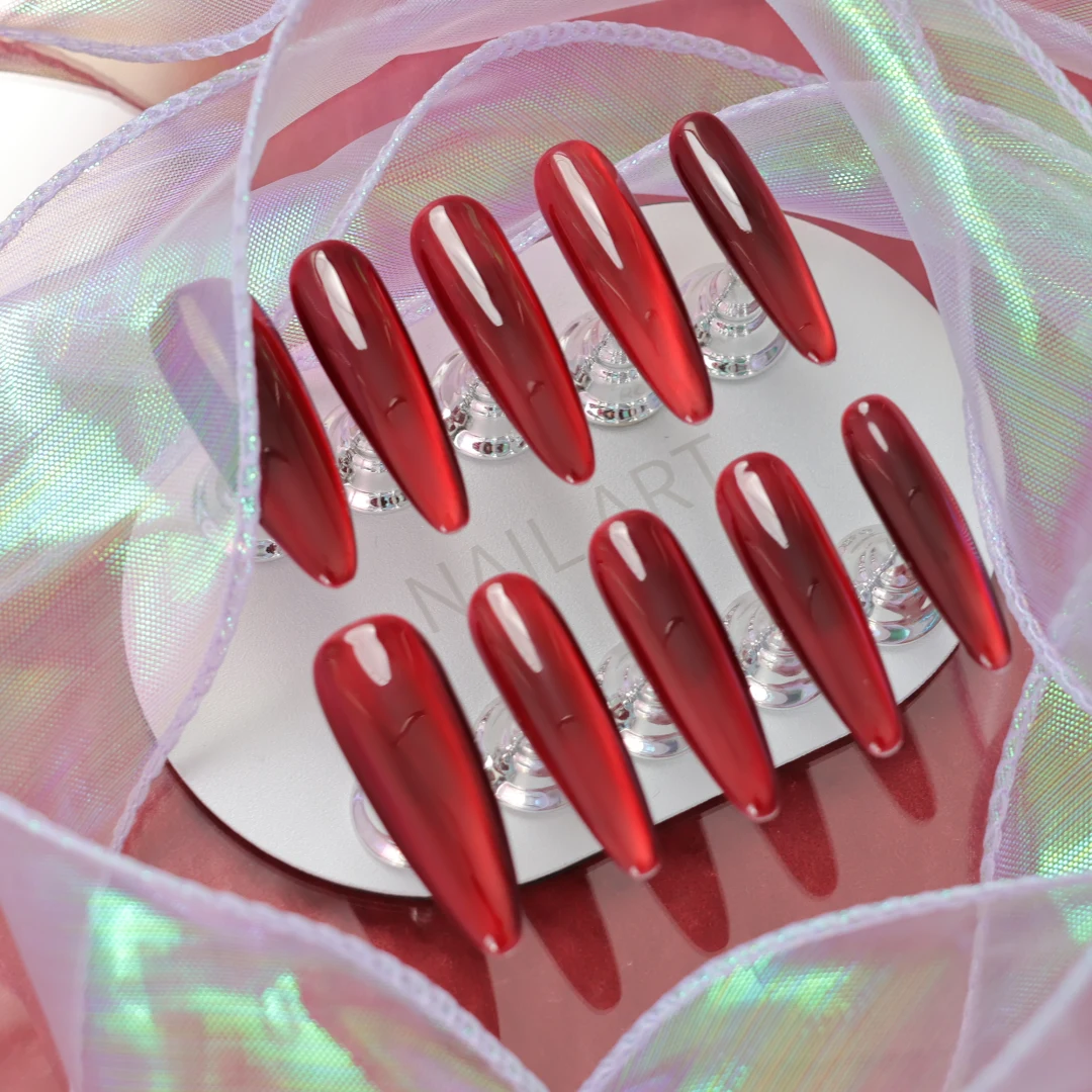 Luxurious Wine Red Mirror Finish Long-Length Press-On Nails