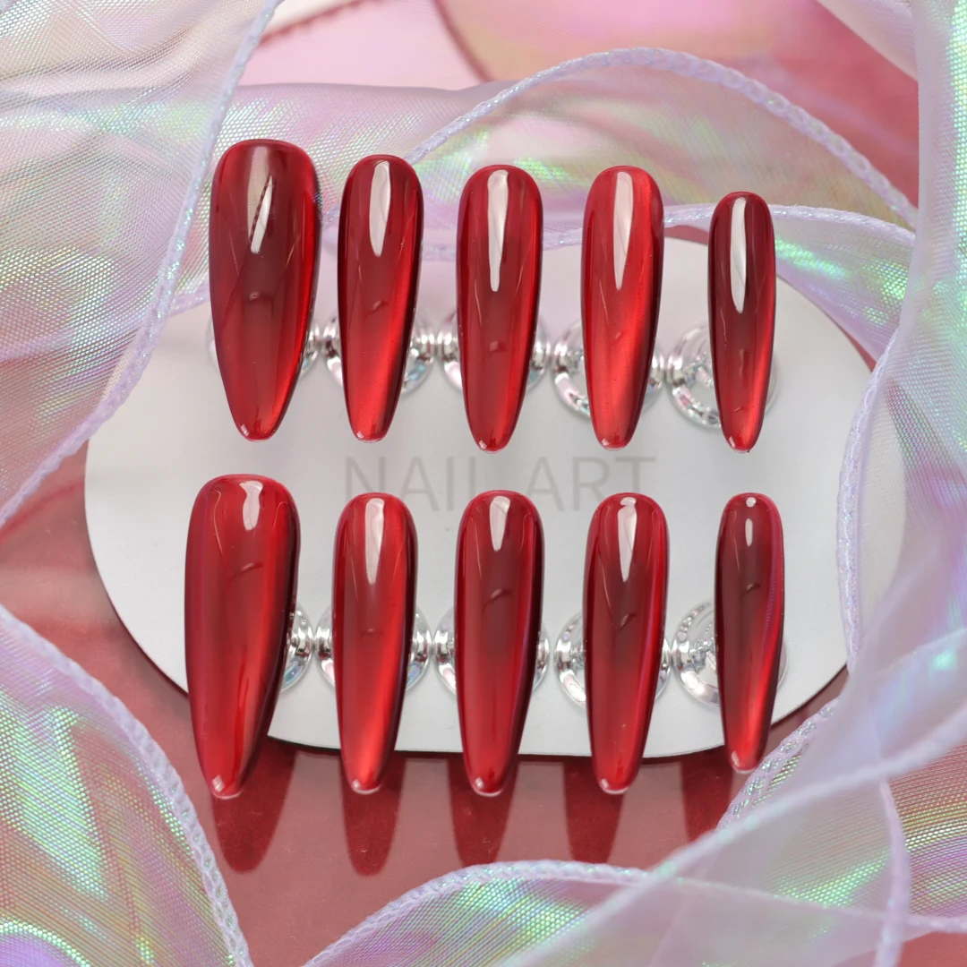 Luxurious Wine Red Mirror Finish Long-Length Press-On Nails