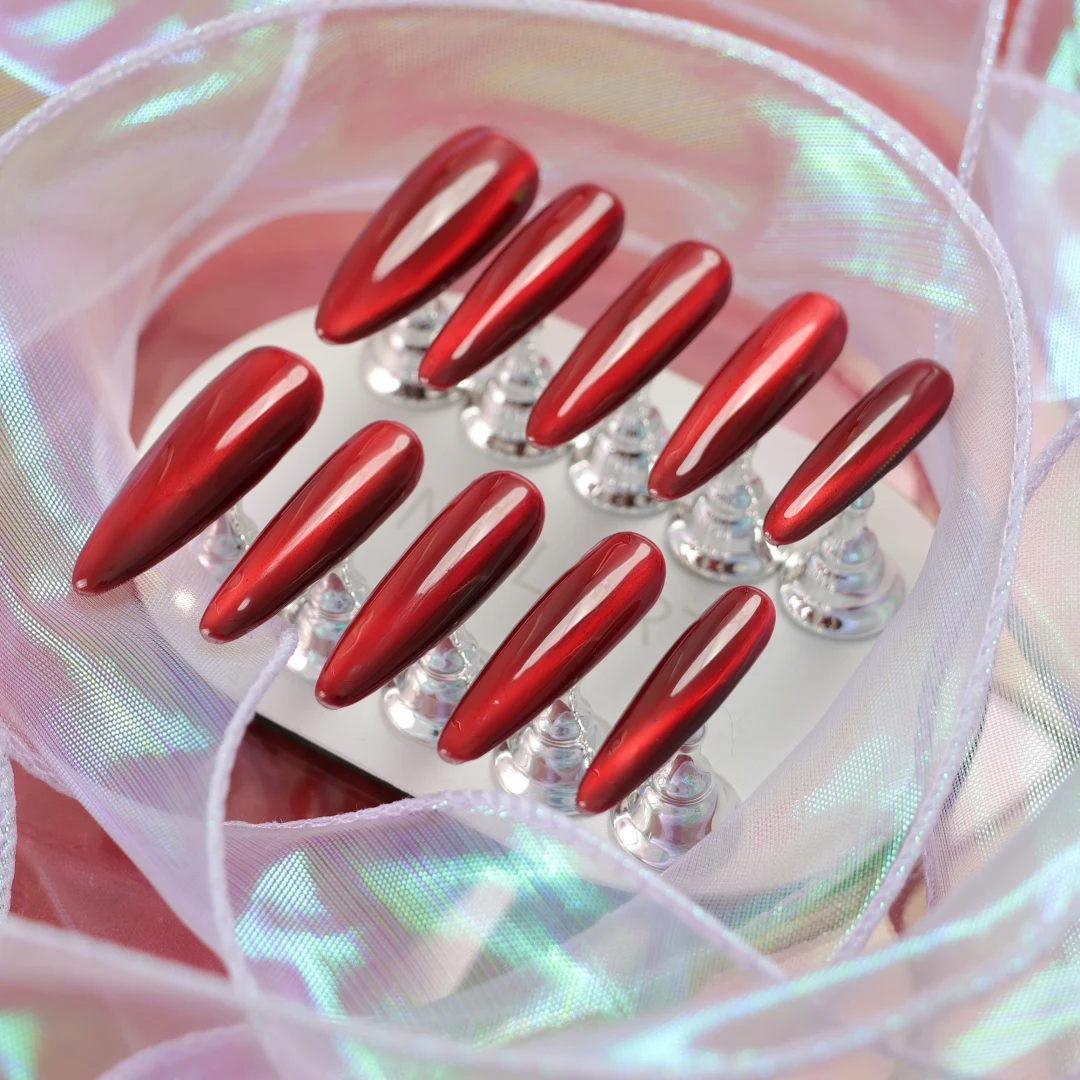 Luxurious Wine Red Mirror Finish Long-Length Press-On Nails