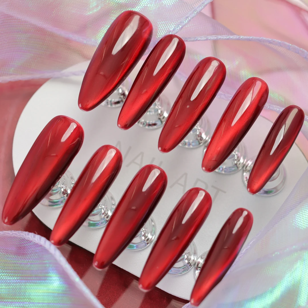 Luxurious Wine Red Mirror Finish Long-Length Press-On Nails