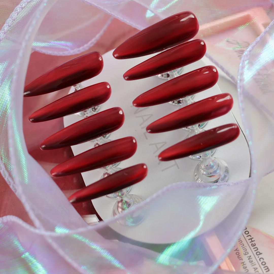 Luxurious Wine Red Mirror Finish Long-Length Press-On Nails